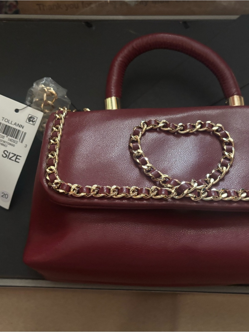 INC International Concepts Burgundy Satchel with Gold Chain Heart
